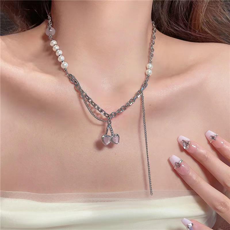 Cherry Red Cross-Border Necklace & Earrings Set: Light Luxury Niche Design, Elegant Clavicle Chain, Exquisite Accessories for Women
