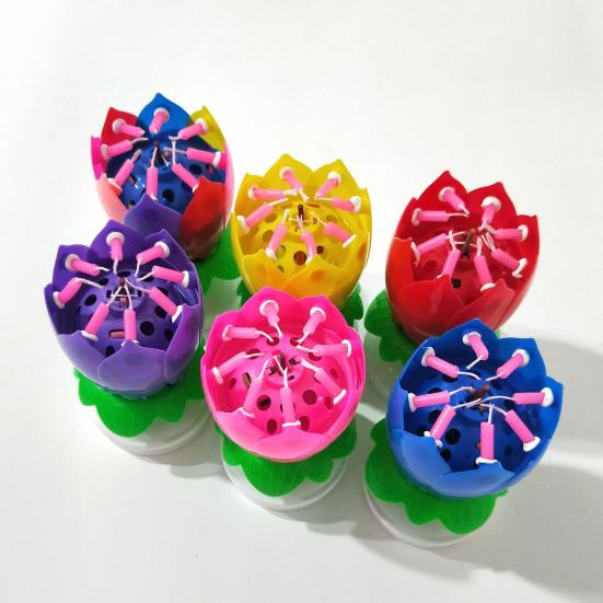 Lotus Candle Solid Paraffin Colored Flower Shape Flat Bottom Rotating Electronic Candle Birthday Cake Music Candles Party Supplies