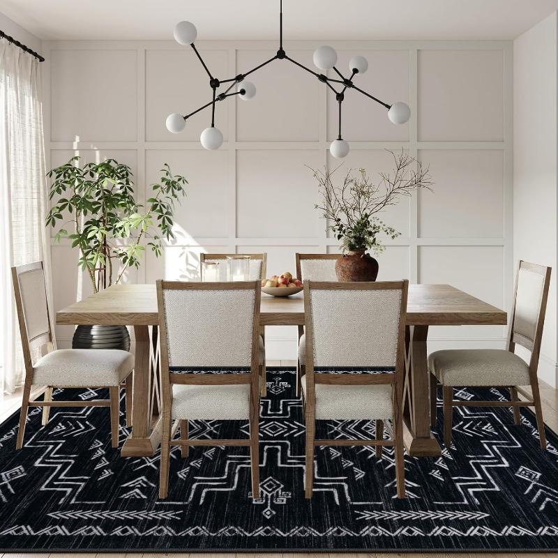 Black and White Area Carpet Living Room Bedroom Dining Table Home Office Mat Aztec Tribal Moroccan Non-Slip Large Washable Rug