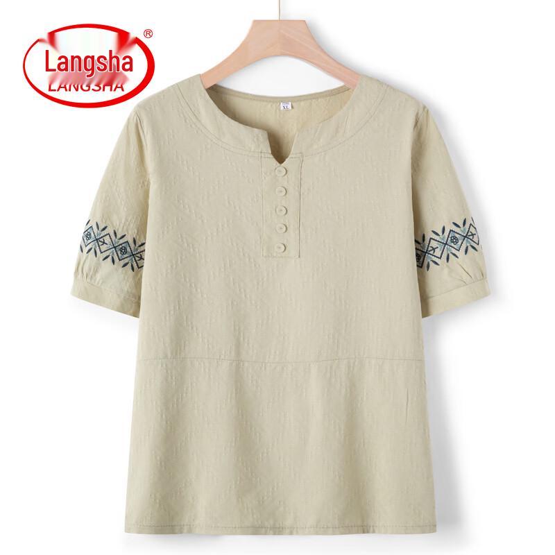 LangSha Women s Plus Size Ethnic Embroidered V-neck T-shirt XL