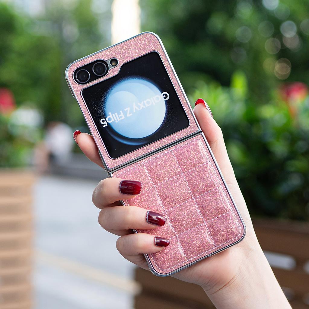 Suitable for Samsung Z Flip6 Fashion Phone Case Z Flip5 Electroplated Glitter Small Fragrant Style Rhombus Leather Case 4th Generation
