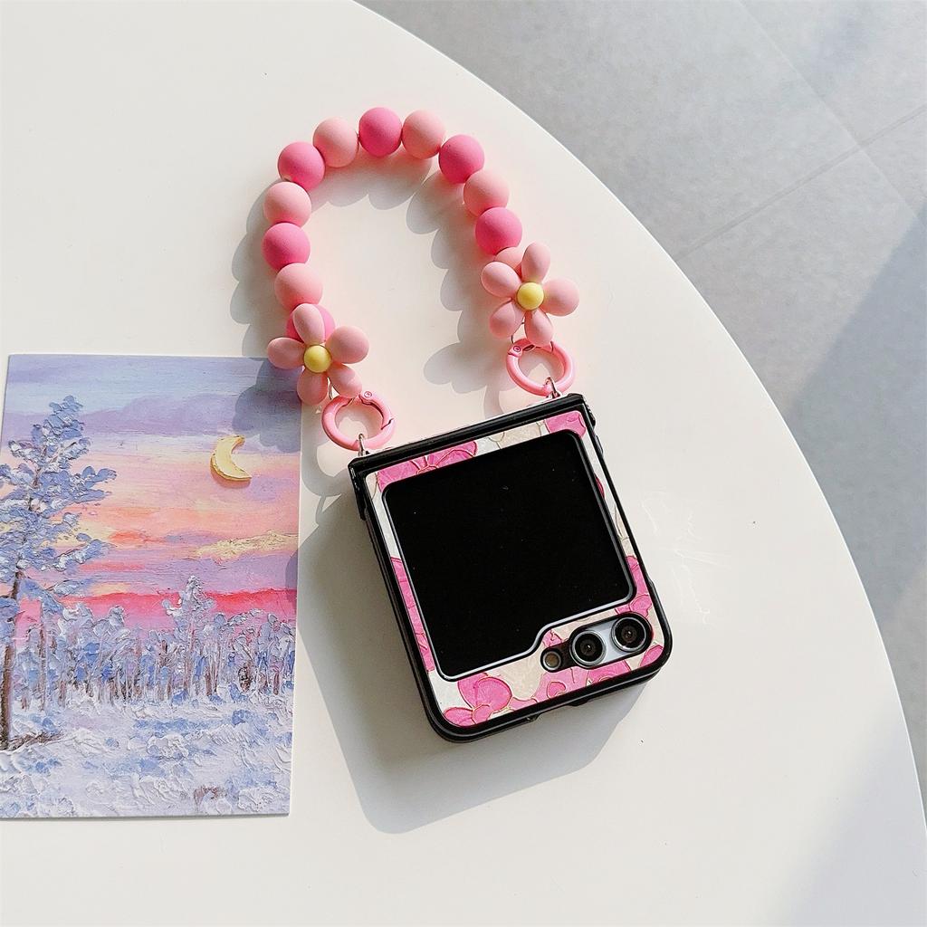 For Samsung Galaxy Z Flip5 5G Case Hinge Design Lacquered Pattern PU Leather+PC Phone Cover with Bead Chain