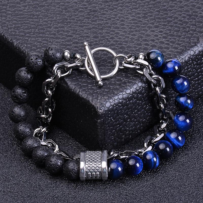 Men's Natural Tiger Eye Stone & Stainless Steel Chain Bracelet
