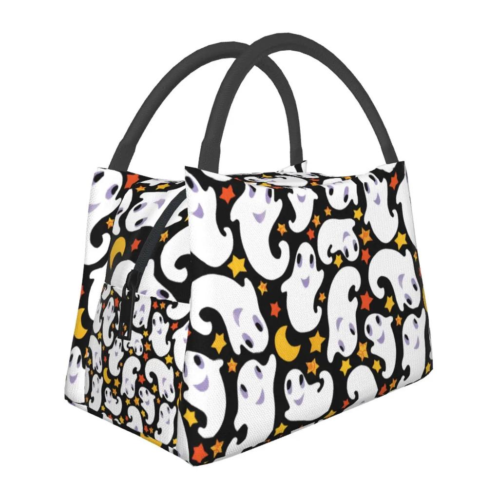 Spooky Halloween Ghost Lunch Bag Skulls Print Lunch Box Casual Outdoor Cooler Bag Convenient Waterproof Thermal Tote Handbags