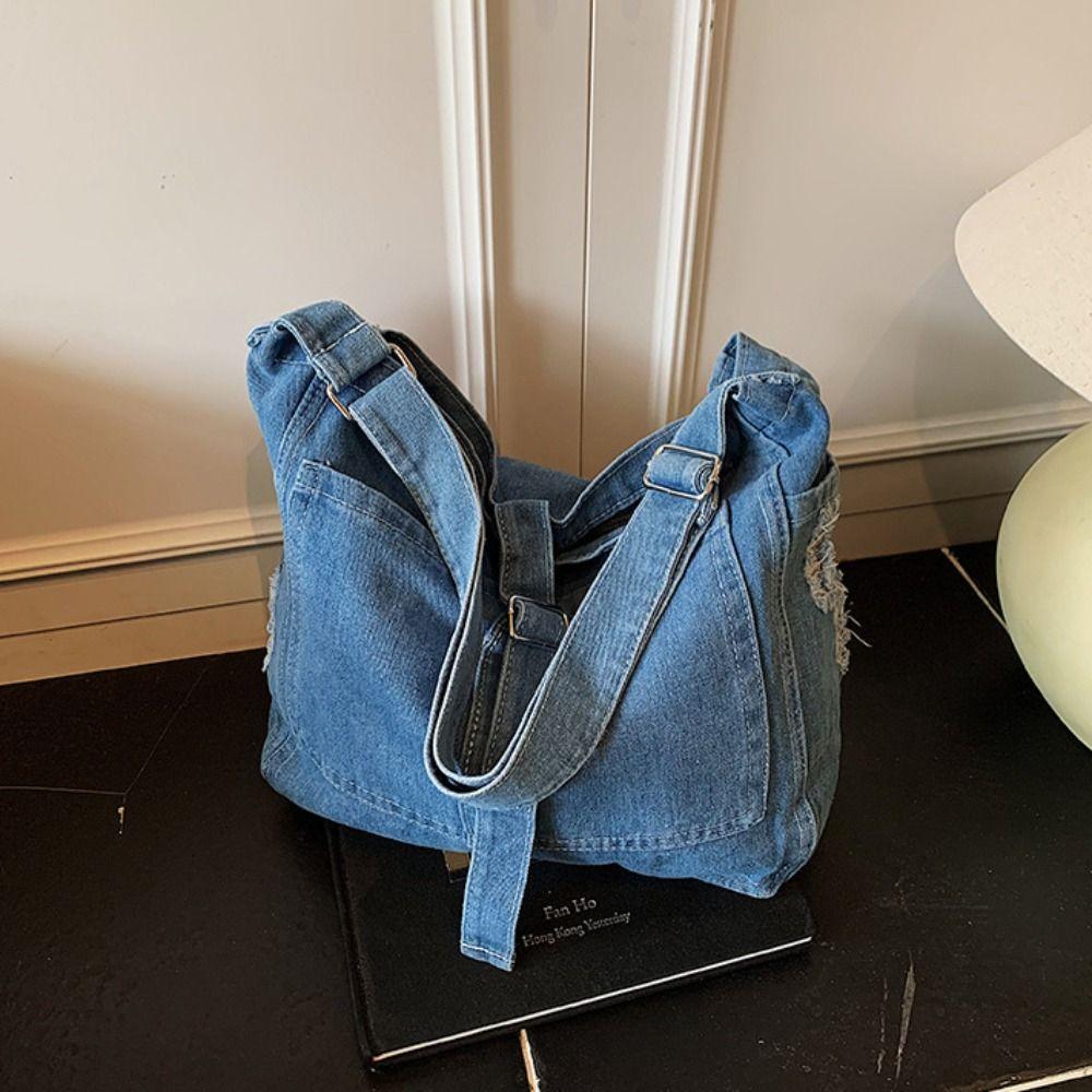 Shoulder Bag Denim Canvas Bag Buckle Strap Simple Tote Bag Simple Vintage Handbag  Students