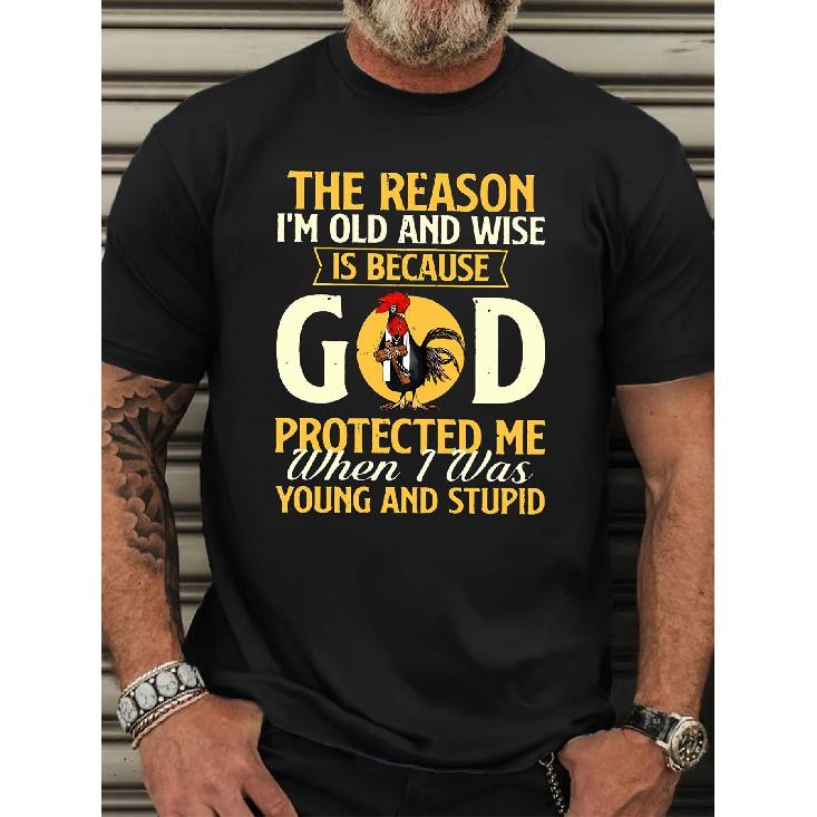 Plus-Size Men s Clothing Protective Wisdom Men s T-Shirt - Bold Graphic Design Featuring Rooster and Inspirational Quote THE REASON I M OLD AND WISE S чёрный