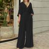 Women's Clothing European and American Spring New Fashion Temperament V-neck Waist Slimming Wide-leg Jumpsuit