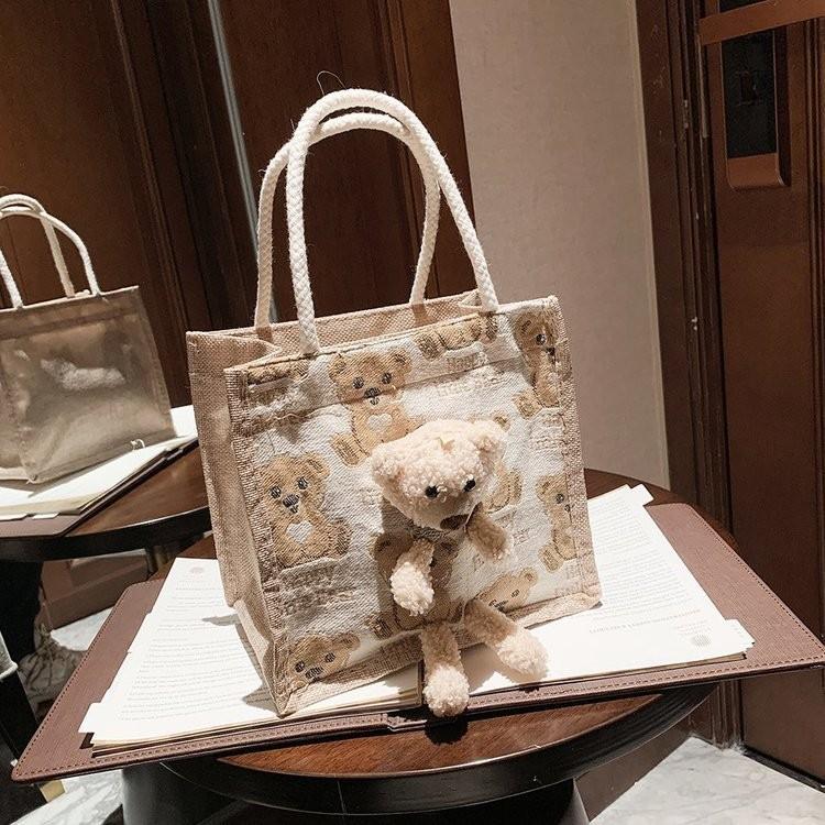 Chic And Sweet Nylon Small Square Bag Fresh And Lovely Bear Print Handbag For Girls 2022 OffWhite