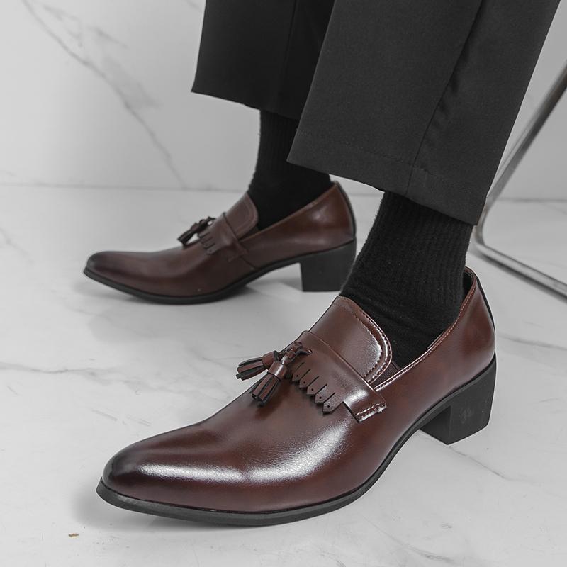 Basic High Quality Leather Formal Dress Men's Loafers Pointed Toe Metal Tipped Handmade 5cm High Heels Man Wedding Party Shoes