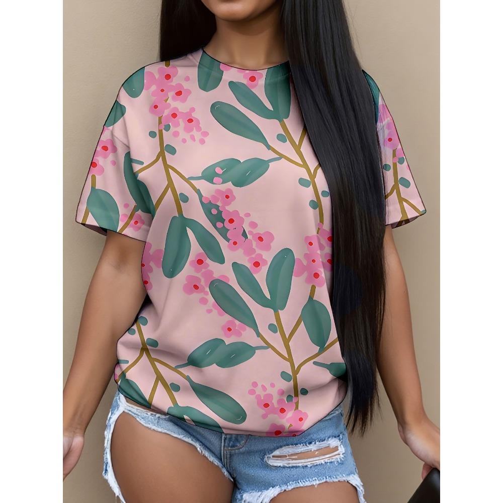 Summer New Women's Casual T-shirt Floral Print Fashion 3D Short Sleeved Round Neck Comfortable Plus Size T-shirt