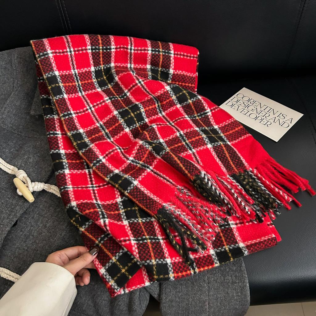 Autumn and Winter High-end Fashion Woven Plaid Scarf Sweet and Elegant Temperament Imitation Cashmere Warm Fringed Shawl