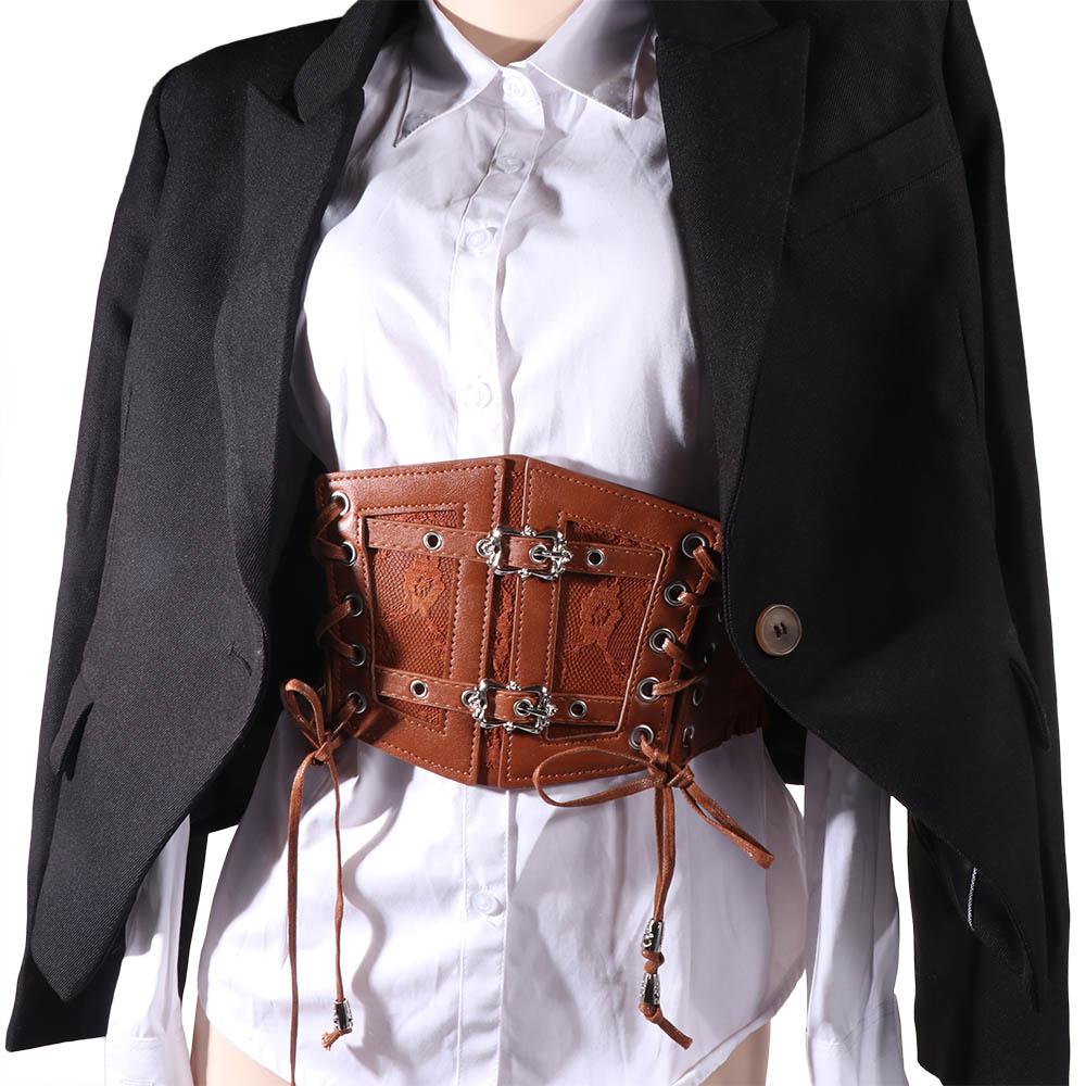 Leather Corset Belt Solid Color Wide Waist Corset Gothic Lace Cummerbunds  Outfits