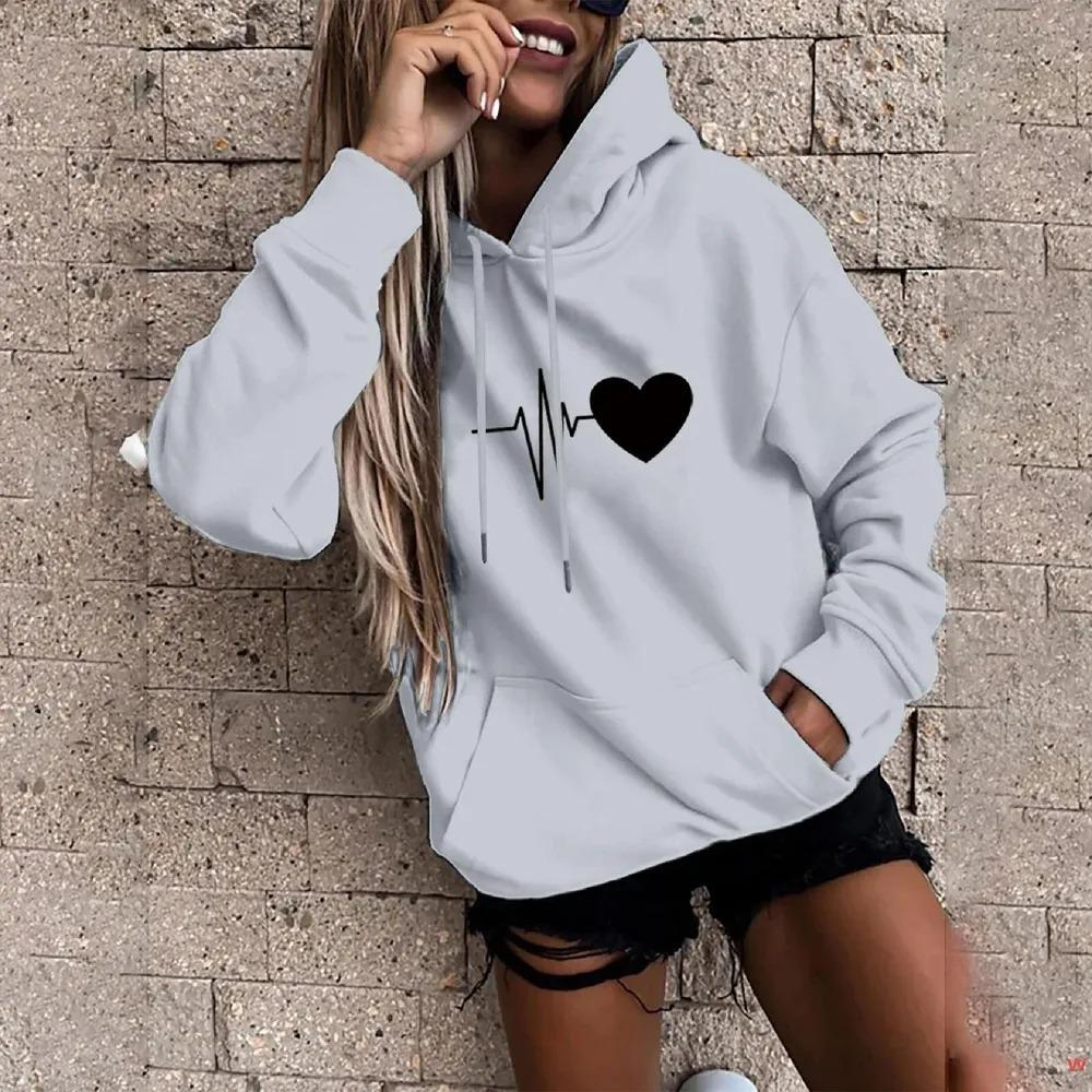 Autumn Winter Fashion Comfortable Warm Long Sleeved Love Printed Pullover Hoodie Casual Sports Loose Fitting Women's Hoodies