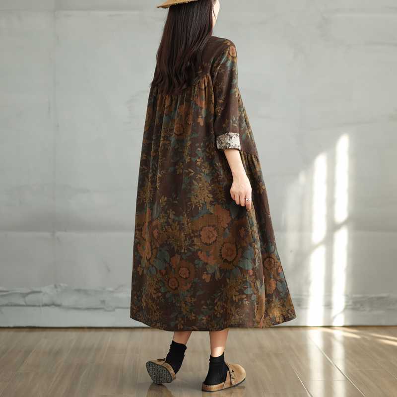 New Vintage Cotton and Linen Print Round Neck Long-sleeved Dress Women Loose Large Size Thin Stitched-A-line Skirt Women