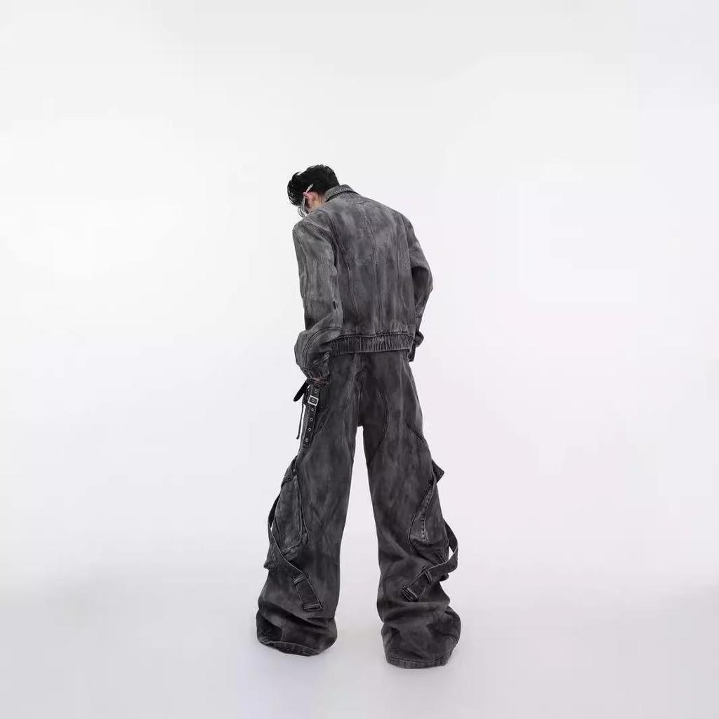 Men's Retro Washed Distressed Wide-Leg Jeans