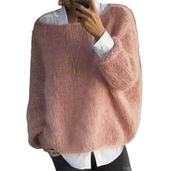 Women Sweater Round Neck Long Sleeve Loose Fit Knitting Tops Breathable Loose Hem Solid Color Knitwear