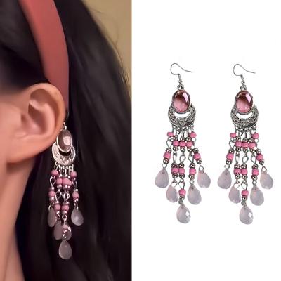 Retro Ethnischer Stil Rosa Quastenohrringe, Hochwertige Süße Ohrringe, Wassertropfen Acryl Lange Schmuckstücke für Frauen