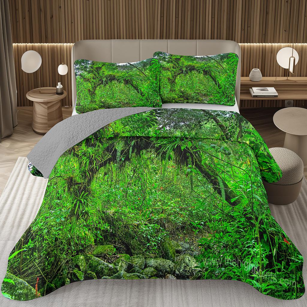 Forest Bedspread King/Full Magical Woodland Jungle Coverlet Set Dreamy Misty Scene Quilted Bedding Set Reversible Grey Bed Cover