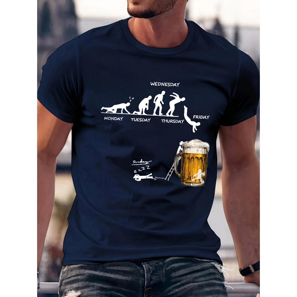 Men's Summer Fashion Casual Loose Large Fun Beer Pattern Printed Sports Round Neck Short Sleeve T-shirt Top