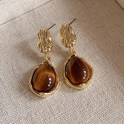Brown Acrylic Water Droplet Drop Earrings for Women Golden Color Fold Irregular Geometry Oval Dangle Earrings Vintage Jewelry