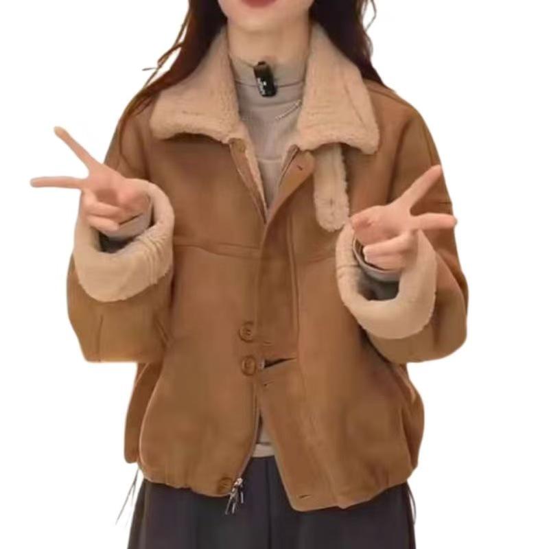 Women's Khaki Suede Velvet & Fleece Fur Jacket - Stylish Winter 2026 Short Cotton Coat