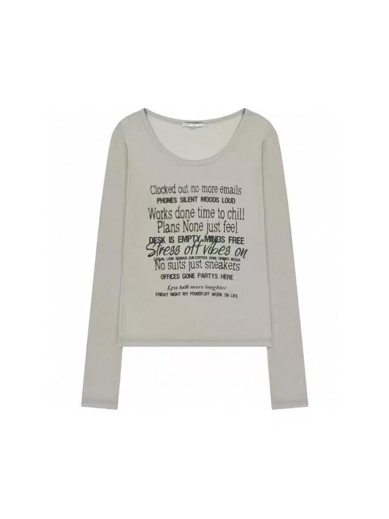 New Style American Spicy Girl Letter Print Sheer Long Sleeve T-shirt