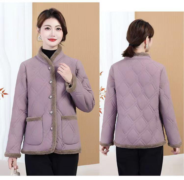 Women's Winter Cotton Jacket: Fleece-Padded, Jacquard Fabric, Age-Reducing, Warm, Chinese-Style, Enhanced Thickness.