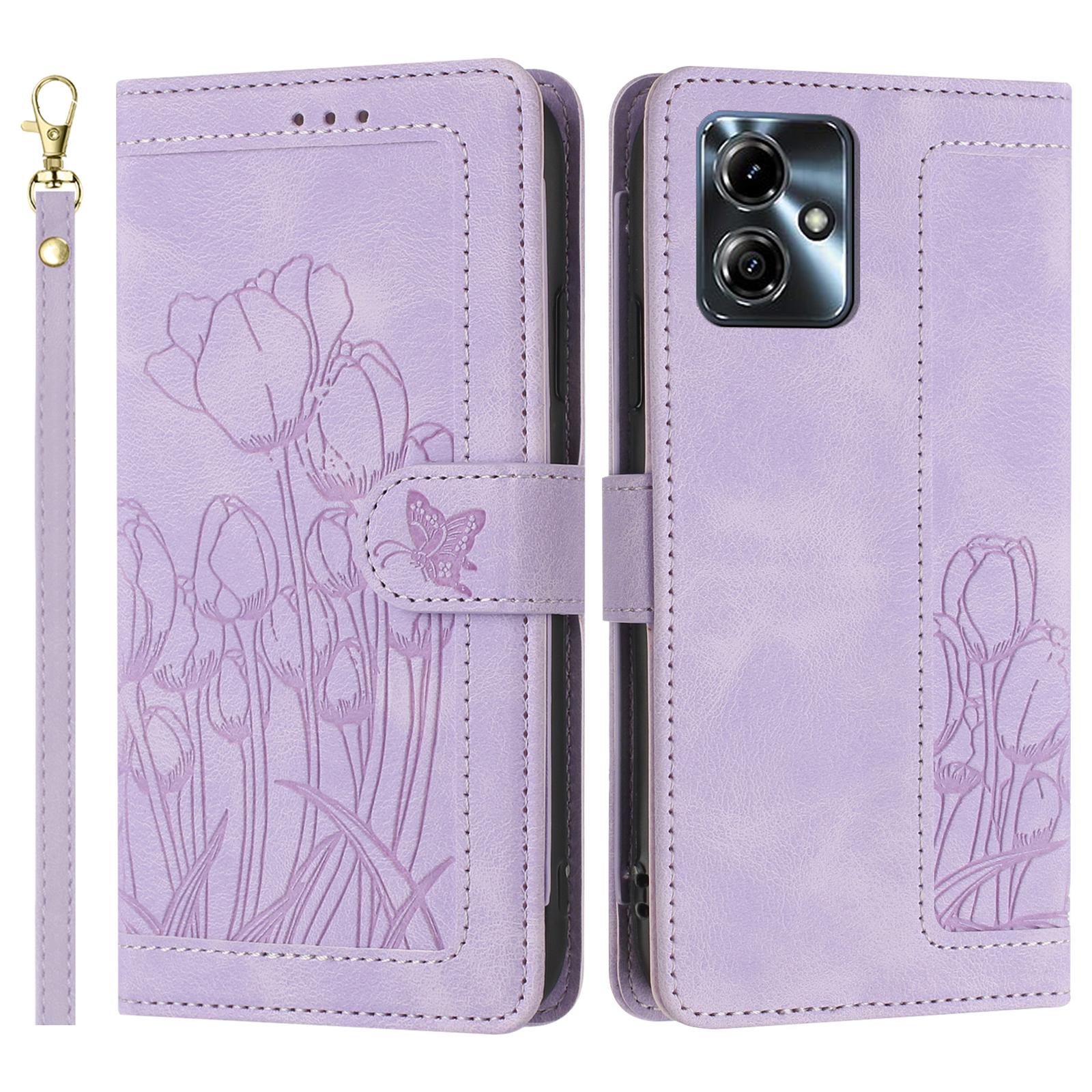 

For Motorola Moto G14 4G Tulip Leather Case Phone Cover with 5 Card Slots Wallet Purple