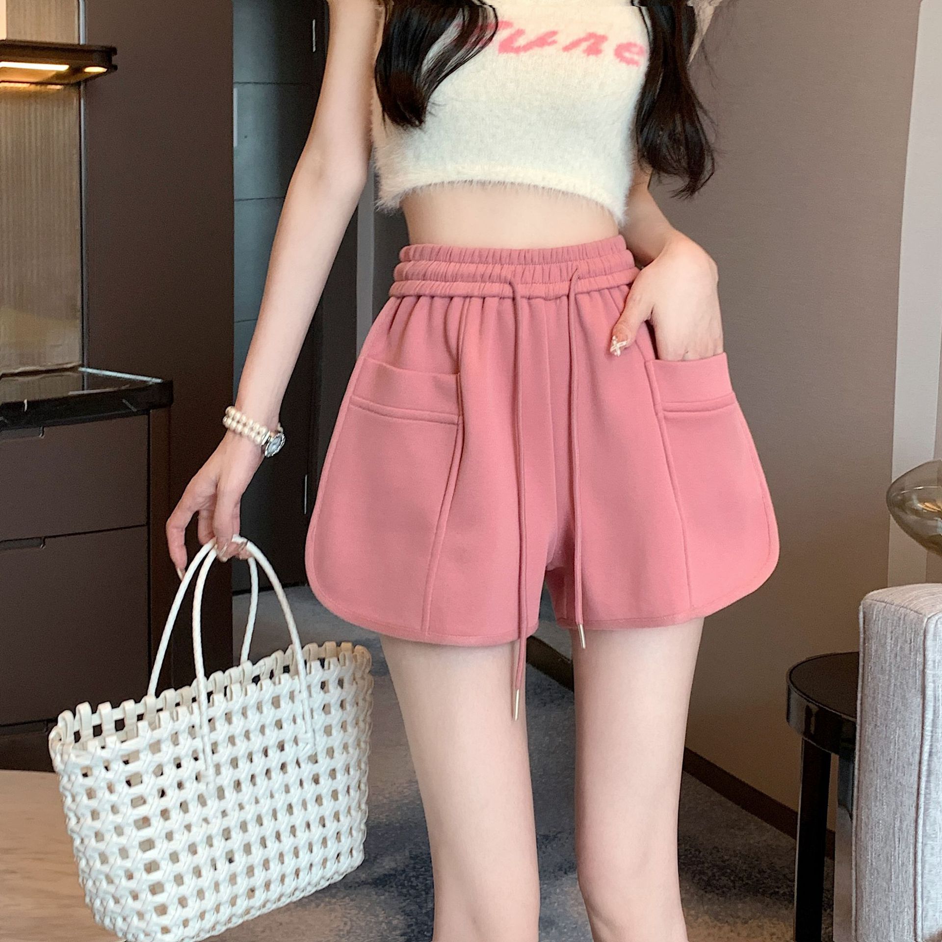 

Повседневные спортивные шорты женские летние брюки большого размера с высокой талией свободные тонкие A Word Home Spicy Wide Leg Hot Брюки 2XL розовый