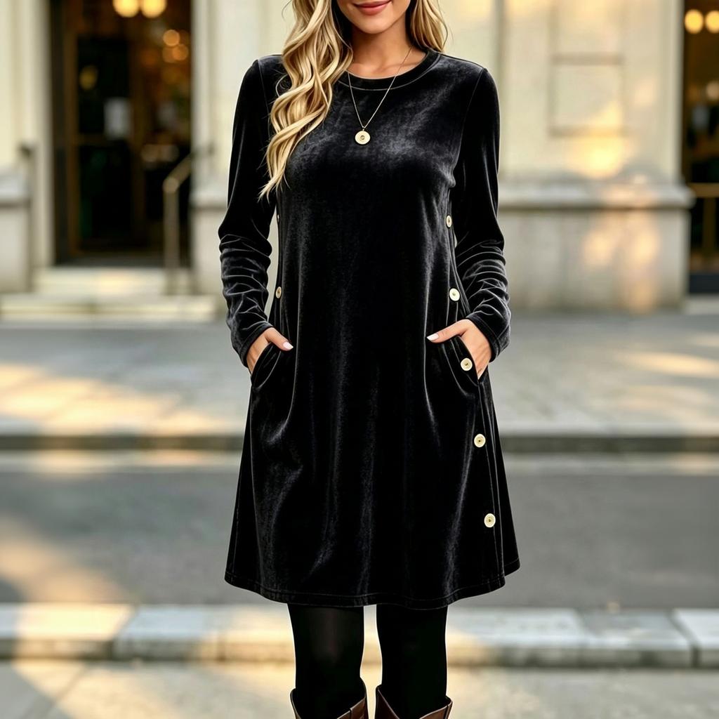 Women's Fashion Color Velvet Button Front Long Sleeve Dress with Loose Fit