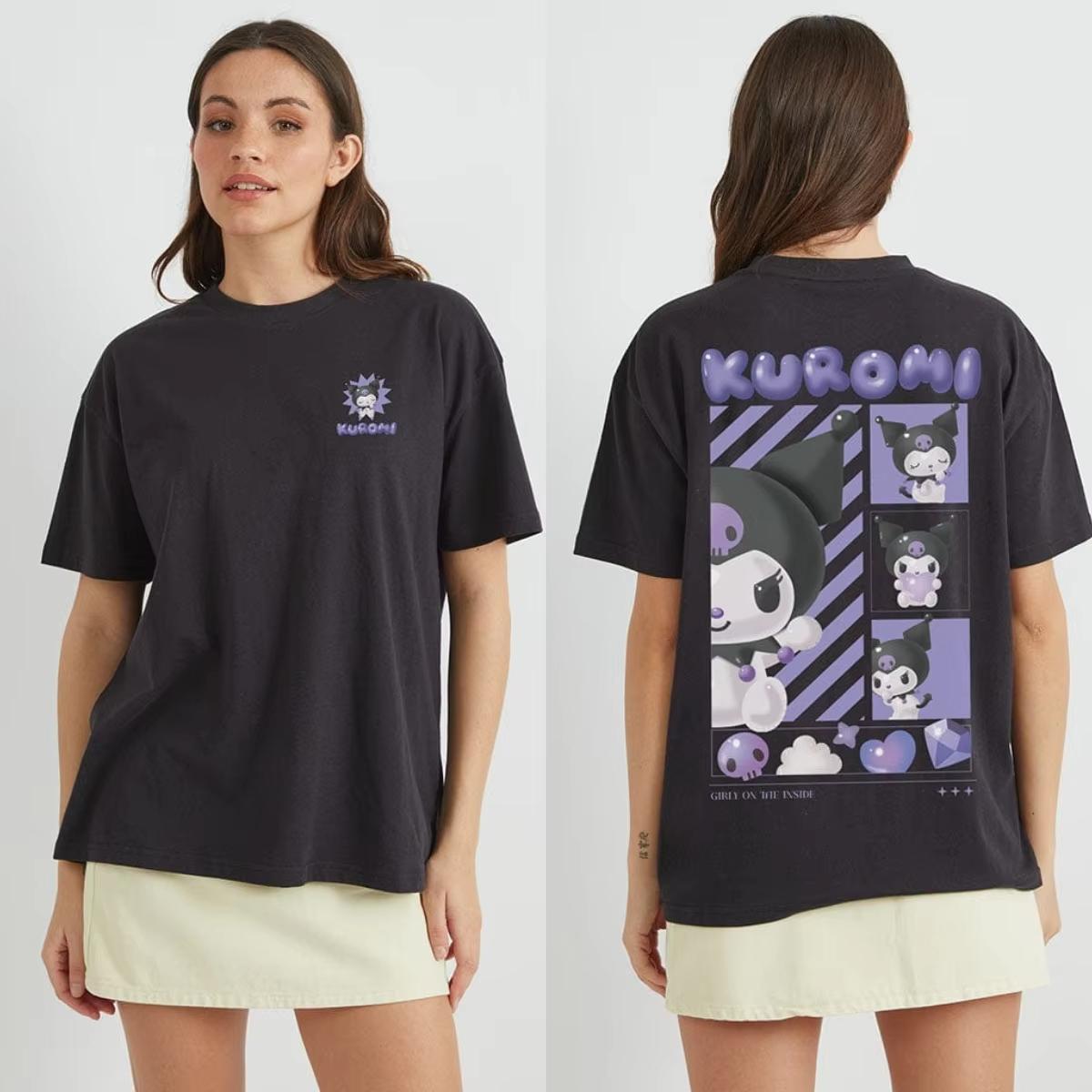

2026 new Summer Kuromi Cute Print Tee Casual Short Sleeve Cotton Tops for Adults Kids Sweet Kawaii Style Daily Outfit S
