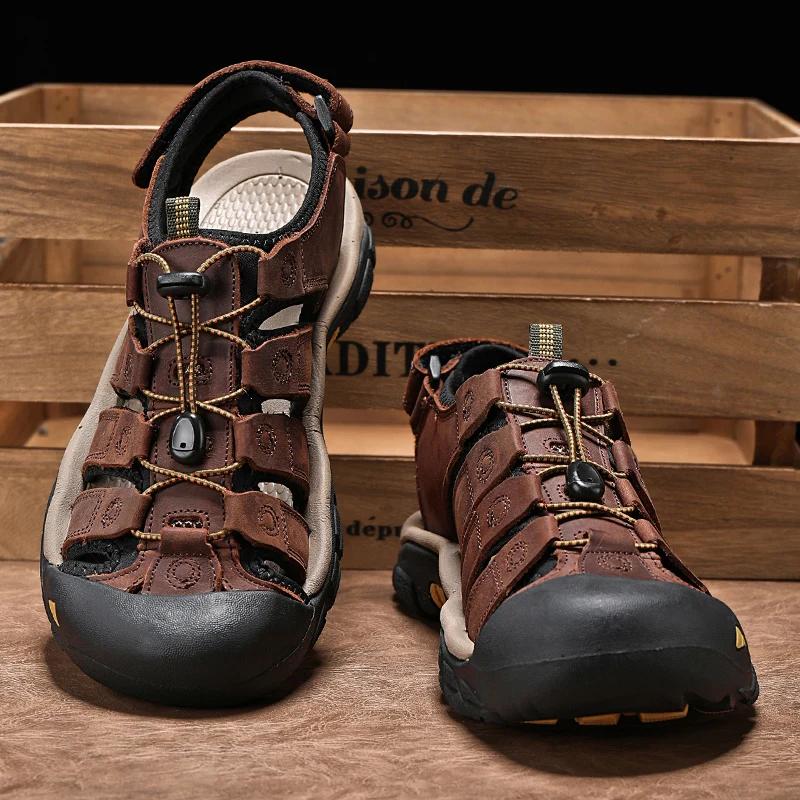 Fashion New Outdoor Summer Men Sandals Travel Leather Men's Casual Shoes Non-Slip Quick Dry Beach Shoes Male Roman Shoes Plus Size 39-48