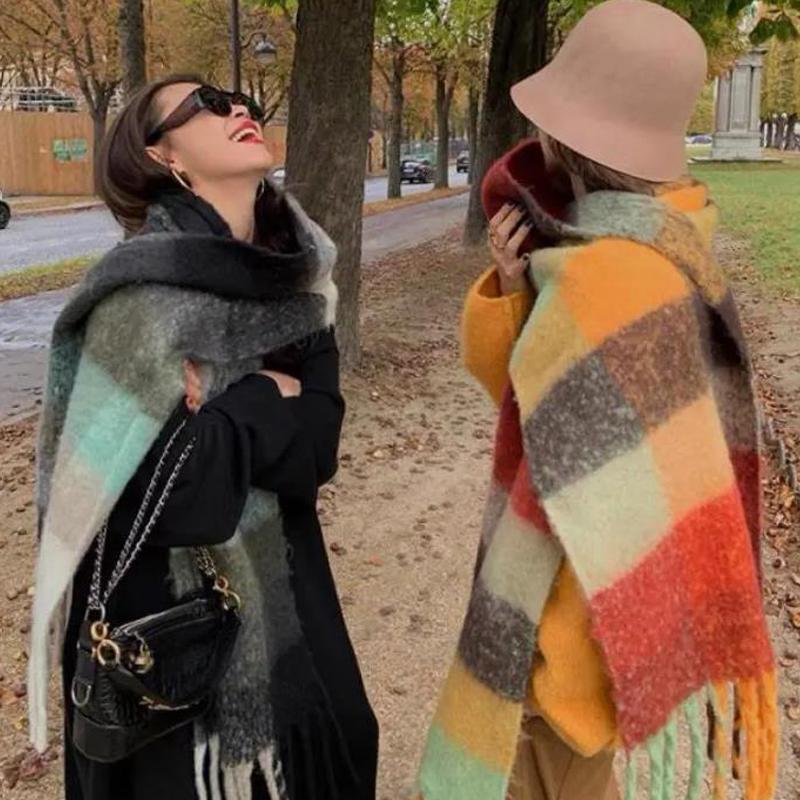Winter Scarf For Women Luxury Cashmere Warm Rainbow Plaid Pashmina Blanket Shawl Thick Soft Bufanda Wraps Long Poncho Echarpe