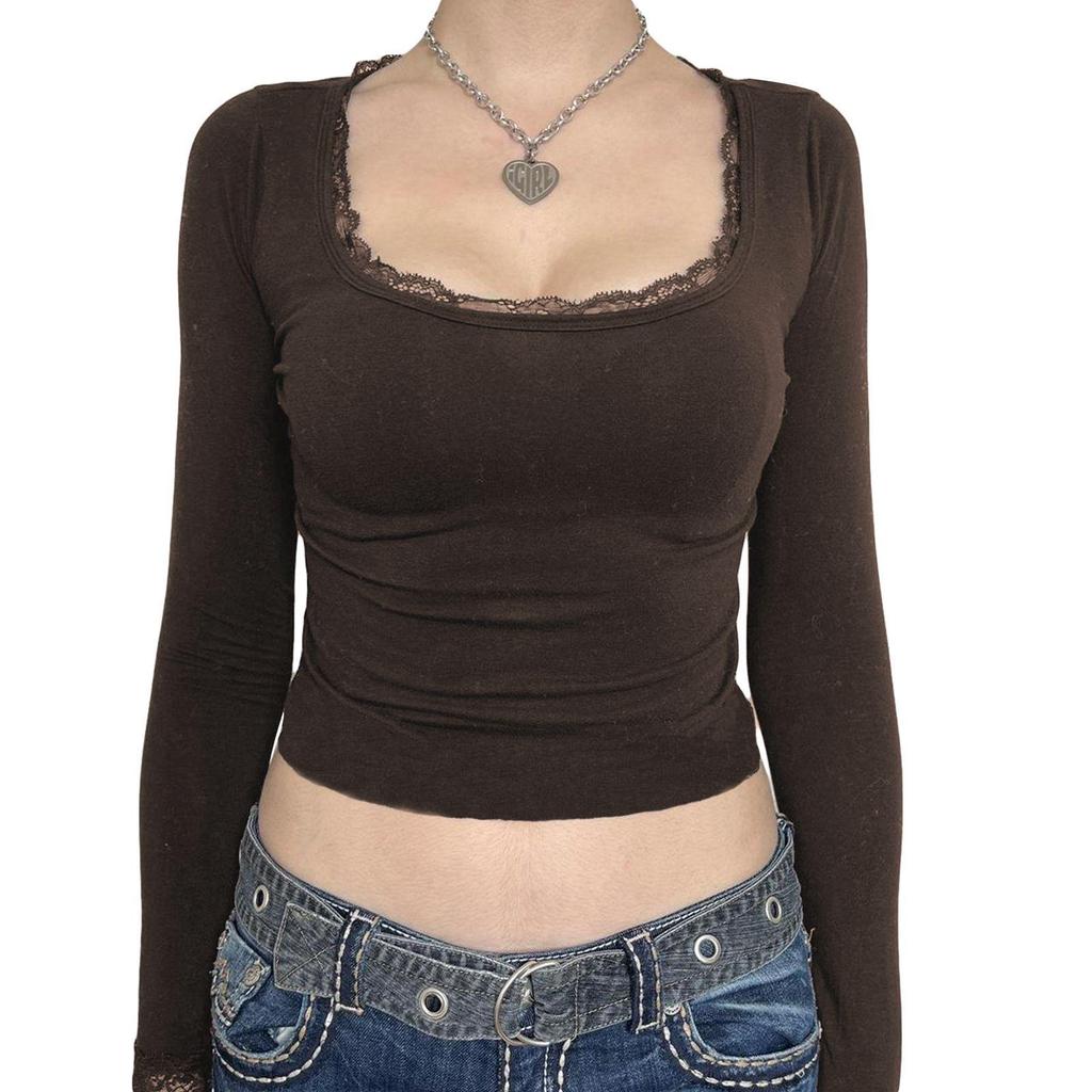 Women's Long Sleeve Square Neck Lace Trim Slim Fit T-shirt