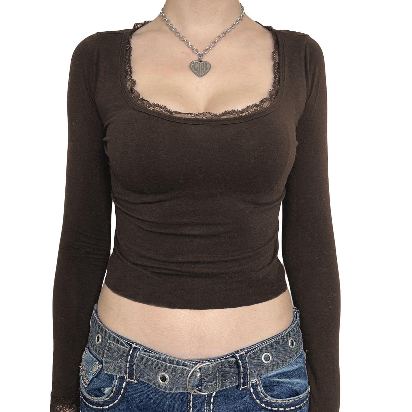 

Женская футболка с длинным рукавом, квадратным вырезом и кружевной отделкой, облегающего кроя Medium темный кофе