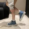 Women Fashion Buckle Strap Canvas Shoes High Top Broken Denim Ankle Short Boots Lace Up Girls Students Thick Sole Sneaker