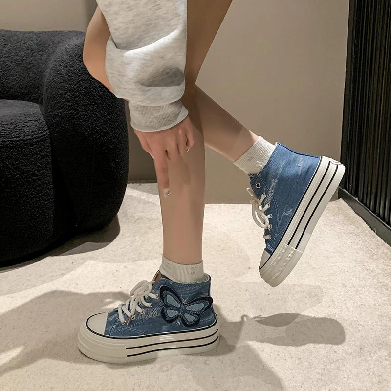 Women Fashion Buckle Strap Canvas Shoes High Top Broken Denim Ankle Short Boots Lace Up Girls Students Thick Sole Sneaker