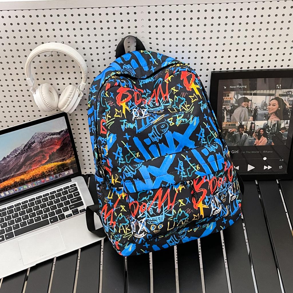 Schoolbag Backpack Men's 1 Trend Graffiti ins Large Capacity Fashion Printing Student Women's Backpack Waterproof and Wear-resistant White Ditch