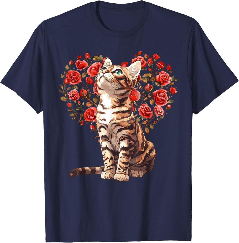 Bengal Cat Heart Rose Floral T-Shirt Cute Cat Lovers Casual Daily Graphic Tee