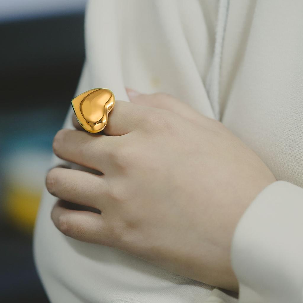  Stainless Steel Chunky Heart Golden Rings Women Charm Golden Rust Proof Daily Jewelry Bijoux Waterproof Gift