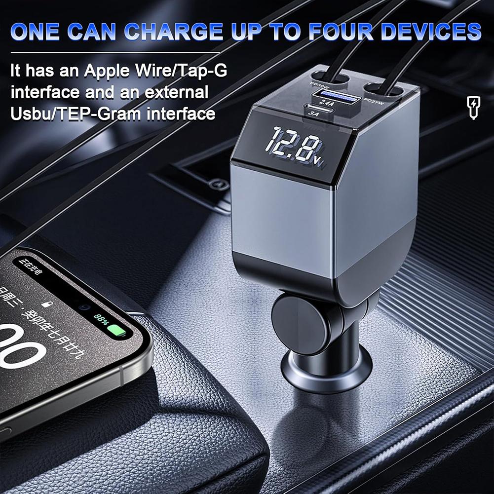 Car Charger, 3-in-1 Independent Fast Charging, Retractable Cable, Power Display USB C Car Charger For IPhone Android W9R9