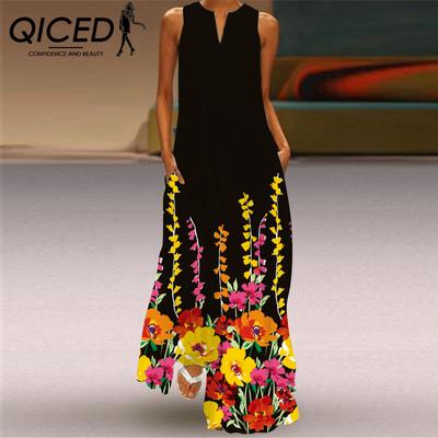 Summer Women's Sleeveless Long V-Neck Printed Jade Flower Dresses