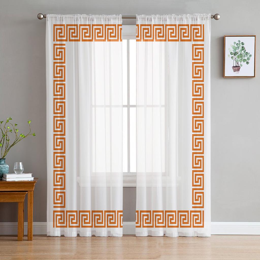 Cortinas Voile Transparentes con Patrón Geométrico Rojo de Llave Griega para Ventana de Salón, Cortina de Tul de Chifón para Cocina, Dormitorio, Cortinas Decorativas para el Hogar