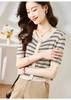 Summer New Women's Striped Knitted Shirt 2026 High End Knitted V-neck Comfortable High End Women's Top