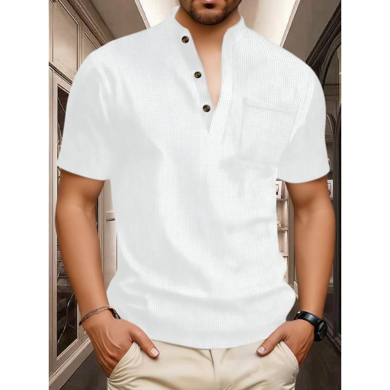 Men s Waffle Knit Henley Neck Short Sleeve T-Shirt S белый