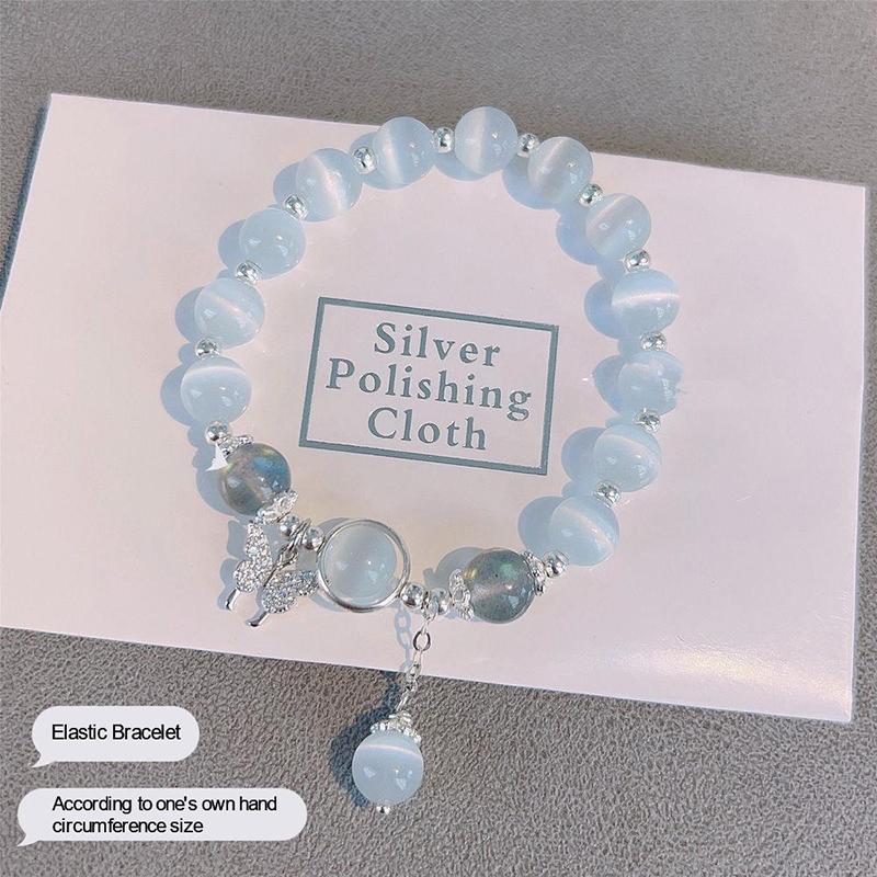 Imitation Cat'S Eye Blue Beaded Chain Bracelet Bracelet For Women Simple Hollow Butterfly Pendant Bracelets Jewelry Accessories