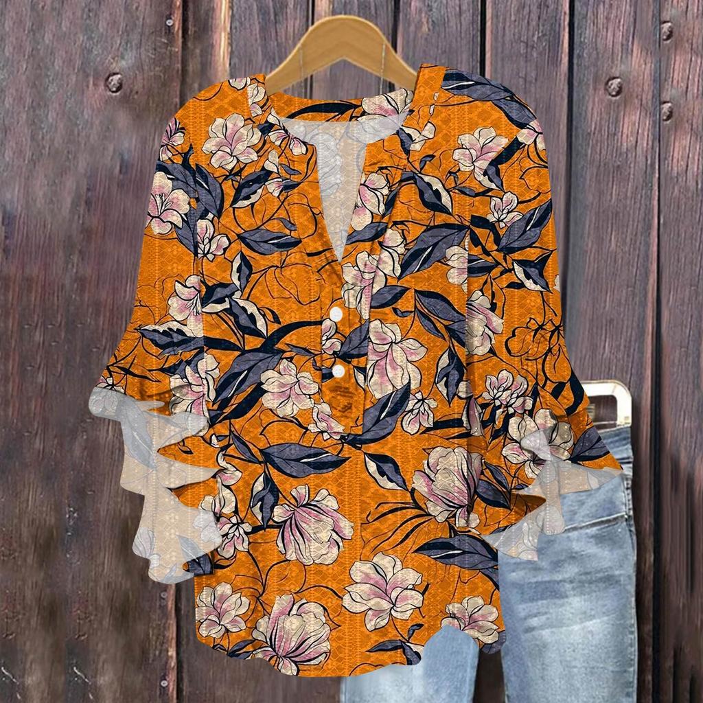 Women's Fashion Casual Button V-Neck Seven Sleeve Vintage Printed Shirt Top