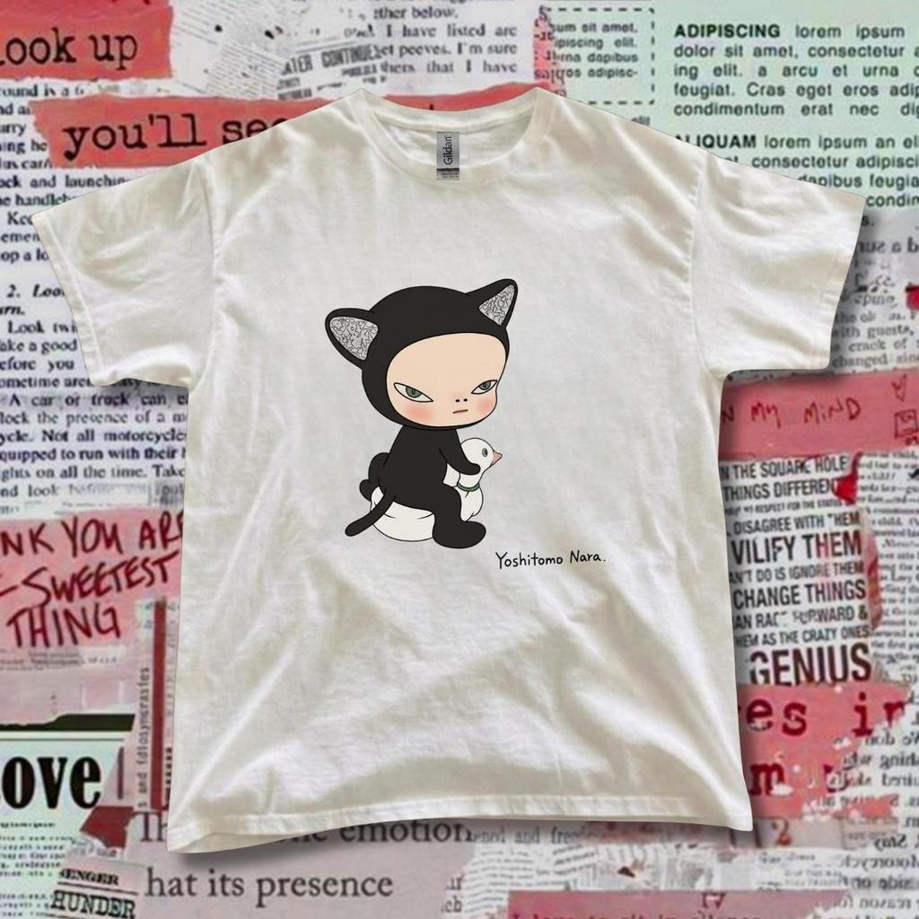 Yoshitomo Nara black cat cotton tee with white cat graphic