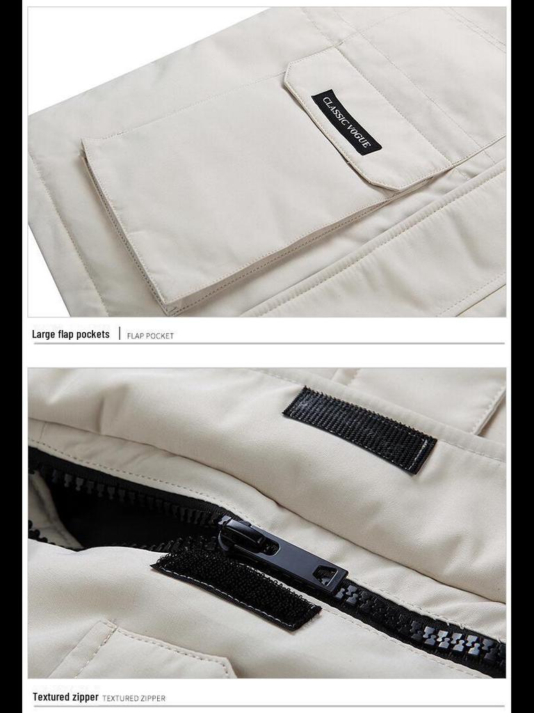 Unisex White Duck Down Jacket with Large Fur Collar, Multi-Pocket, Hooded, Warm and Trendy Workwear Style.