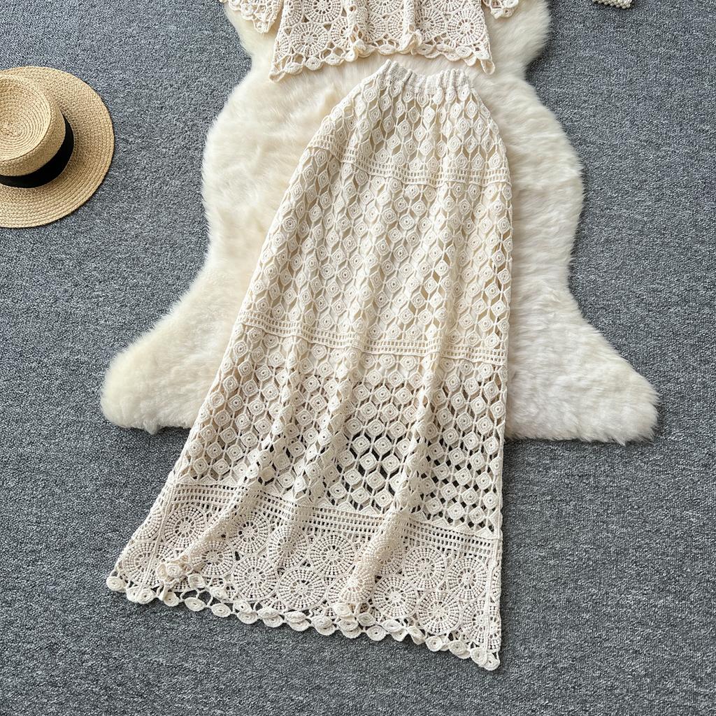 Dimanaf 2025 Nowa spódnica garniturowa damska dzianinowa plaża krótki rękaw koronka Hollow Out seksowna O-Neck Hollow letni styl topy koszulki luźne podstawowe